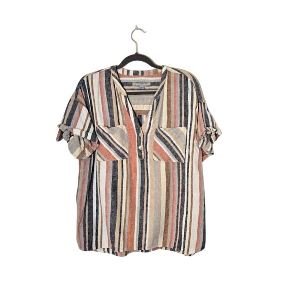 Marc New York Women's Striped Linen Blend Top Size Large Multicolor Preppy Boxy